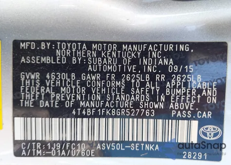 2016 Toyota Camry Le from USA, damaged, VIN 4T4BF1FK8GR527763